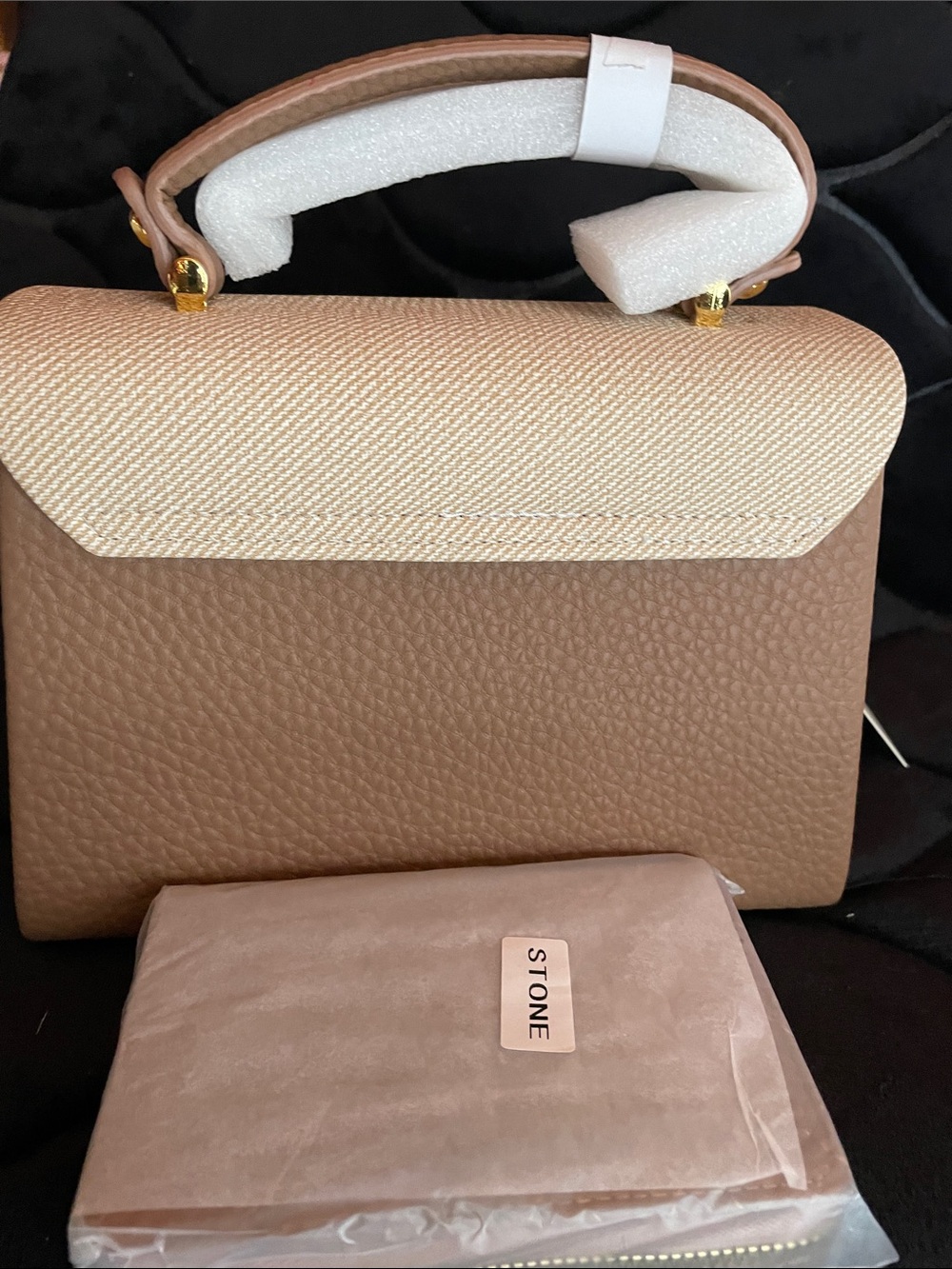 Tous Stone and Taupe Satchel with Gold Logo - Picture 4 of 4